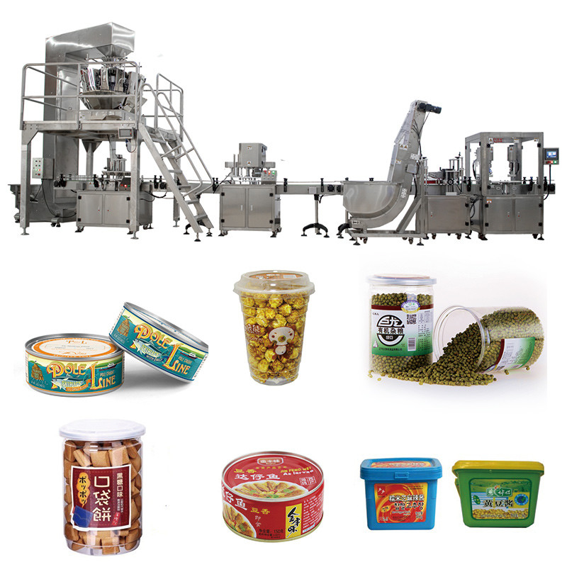 สายการบรรจุขวดอัตโนมัติ Fudge Candy Weighing Straight Rotary Can Case Jar Filling Capping Machine