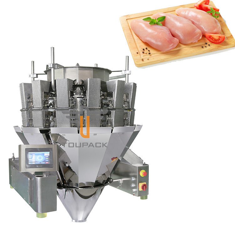 สกรู 1.0L 1.5L เครื่องชั่งน้ำหนักเครื่องบรรจุ Dimple Plate Hopper 14 หัวสำหรับอกไก่