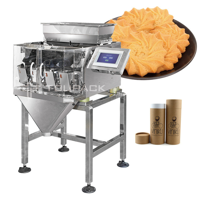 อุตสาหกรรมคุณภาพเหล็กไร้ขัด กระชับกระปุกเบสกิต Linear Weighers 4 หัว Linear Weighing Machine สําหรับการบรรจุ