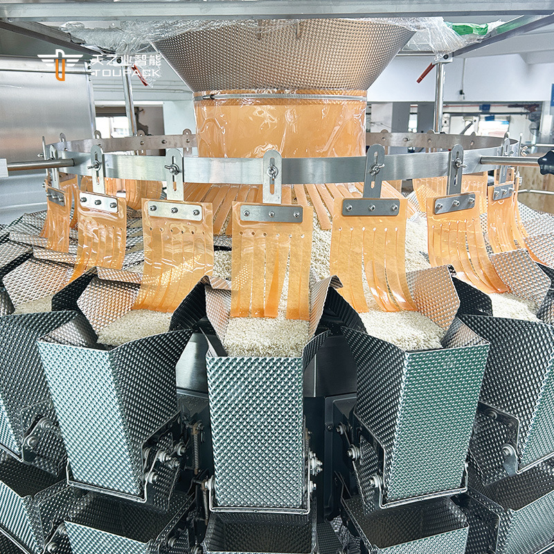 อุตสาหกรรม Multihead Weighers อุปกรณ์บรรจุพ๊อบคอร์น อาหารว่าง น้ําตาล บิสกิต กาแฟ บิสกิต ปิดกระเป๋าพลาสติก