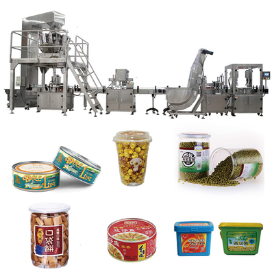 สายการบรรจุขวดอัตโนมัติ Fudge Candy Weighing Straight Rotary Can Case Jar Filling Capping Machine